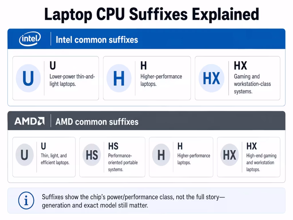 Intel and AMD laptop CPU suffixes explained