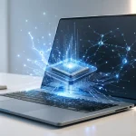 Modern laptop with AI chip visualization representing an NPU