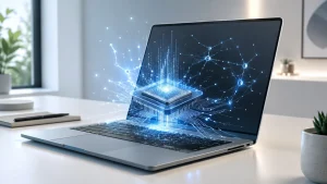 Modern laptop with AI chip visualization representing an NPU