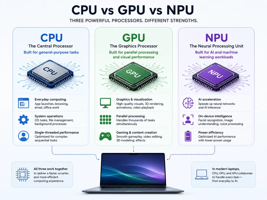 CPU GPU and NPU comparison for laptop performance
