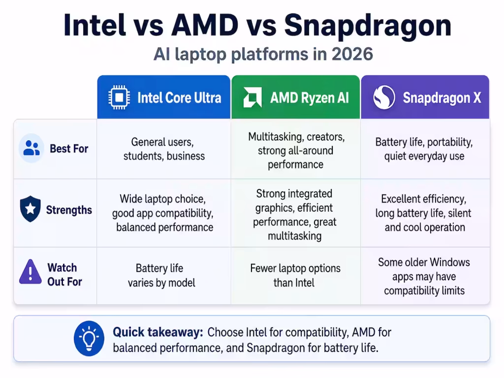 Comparison table for Intel vs AMD vs Snapdragon