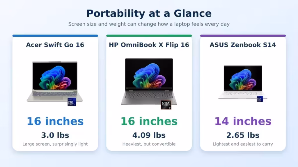 Acer Swift Go 16, HP OmniBook X Flip 16, and ASUS Zenbook S14 size and weight comparison